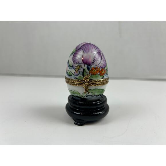 Limoges France Hand Painted Porcelain Trinket Box Egg Purple Floral Richard - Picture 1 of 9